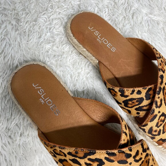 J/Slides New York Leopard Print Calf Hair Leather Cross Strap Slides Size 7 - Picture 5 of 9